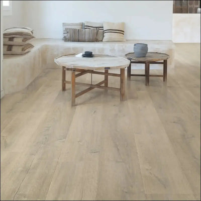 Round marble top coffee table with wooden legs featuring laminate patina oak brown finish by quickstep capture