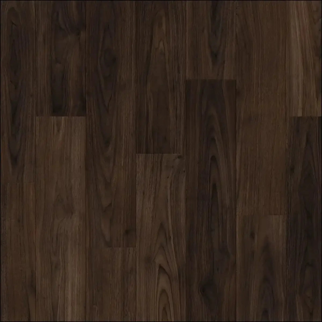 Dark brown hardwood floor planks with rich wood grain in balterio restretto chic walnut chic walnut rst61055 with 10-year water warranty