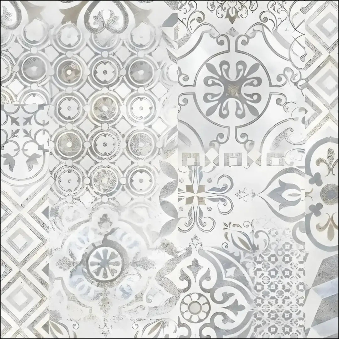 Silver and white ornate tile pattern on berry alloc ocean laminate flooring retro chic blue grey design