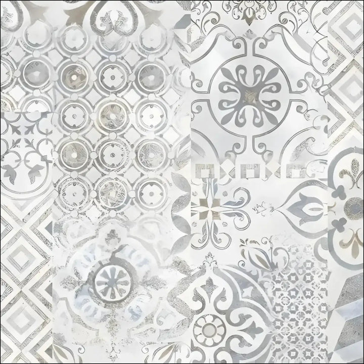 Silver and white ornate tile pattern on berry alloc ocean laminate flooring retro chic blue grey design