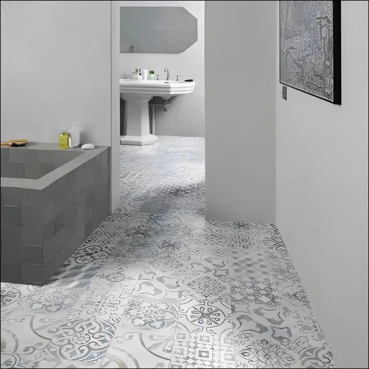 Gray and white patterned floor tiles from berry alloc ocean laminate flooring retro chic blue grey with vintage designs