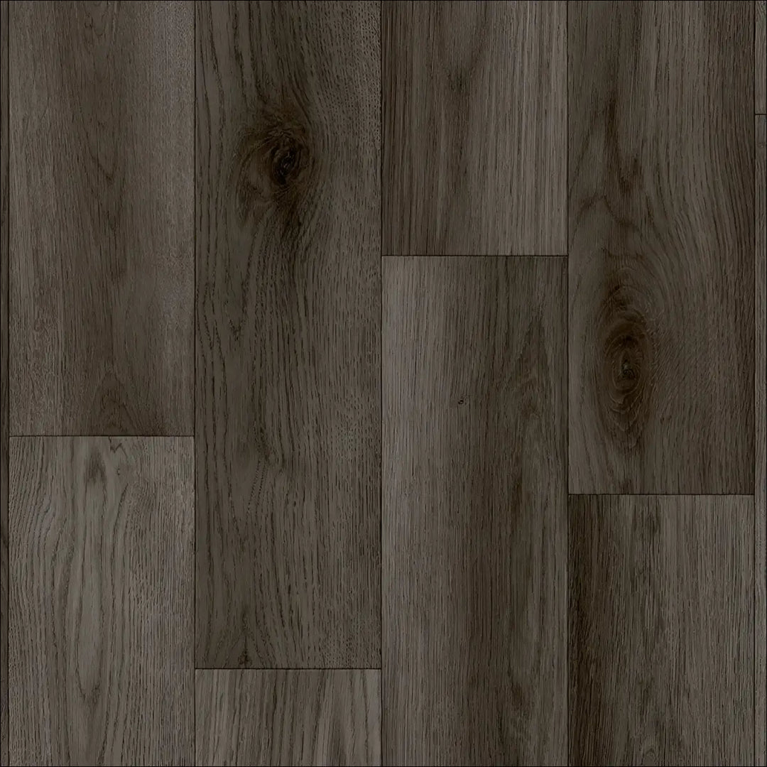 Dark gray caspien sheet vinyl flooring with realistic wood grain and felt backed for easy installation and comfort