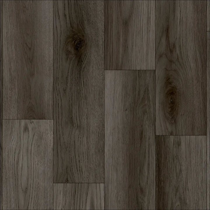 Dark gray caspien sheet vinyl flooring with realistic wood grain and felt backed for easy installation and comfort