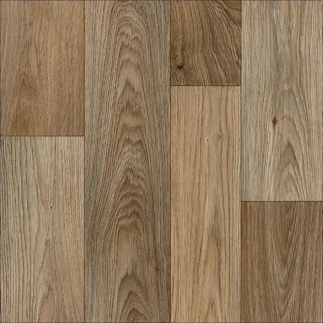 A collection of caspien sheet vinyl flooring planks with realistic wood grain and natural tones featuring felt backed design