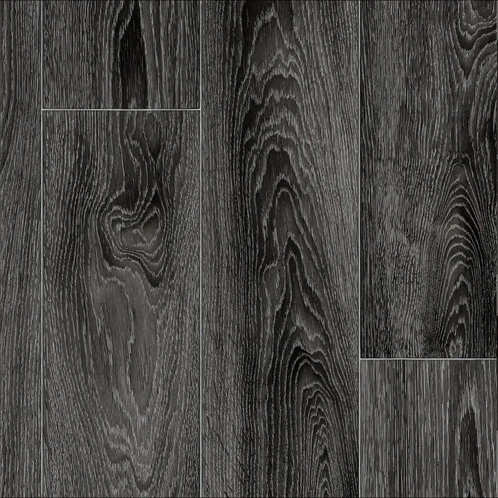 Dark gray caspien sheet vinyl flooring with realistic wood grain pattern and felt backed for comfort and durability