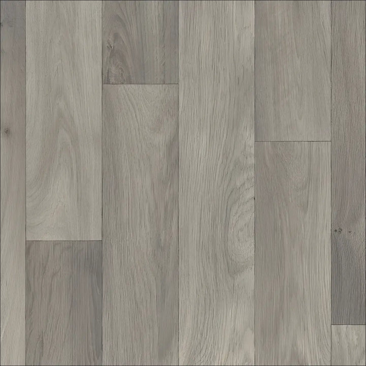 Gray wood-plank laminate flooring with natural grain pattern in caspien sheet vinyl felt backed for realistic wood look