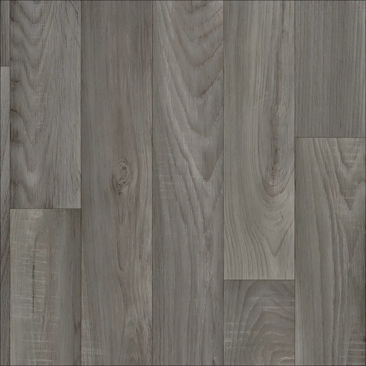 Gray caspien sheet vinyl flooring with realistic wood grain and subtle knots felt backed for easy installation