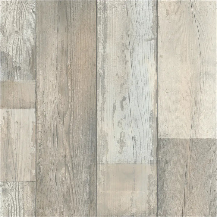 Gray and beige distressed wood plank caspien sheet vinyl flooring with realistic wood look and felt backed design