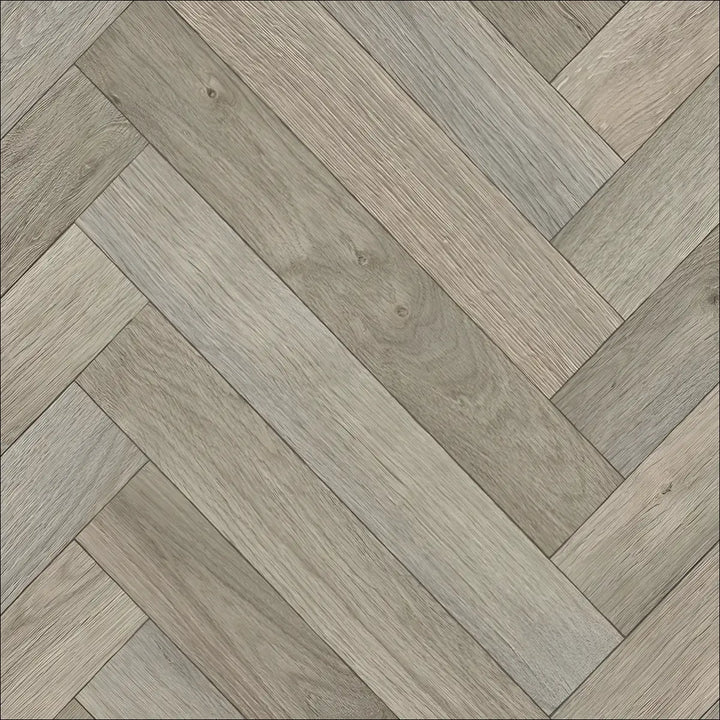 Gray wood-plank caspien sheet vinyl flooring with realistic wood herringbone pattern and felt backed design