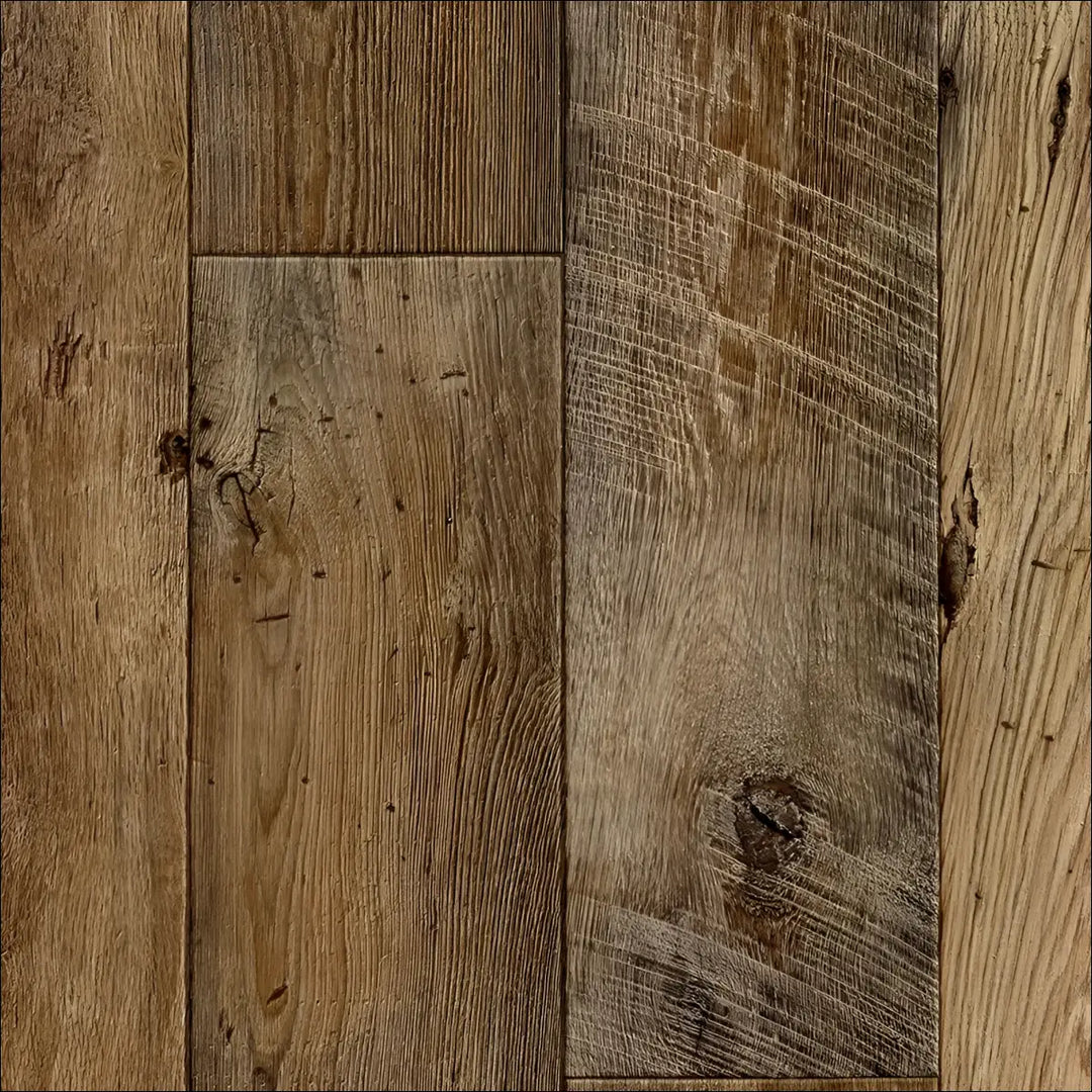 Caspien sheet vinyl flooring with realistic wood reclaimed plank look featuring rustic grain and dark knots felt backed