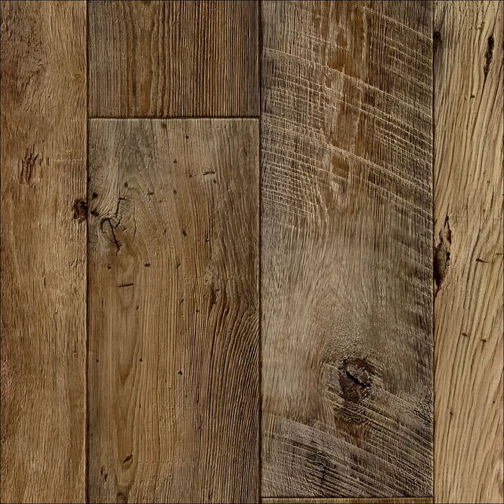 Caspien sheet vinyl flooring with realistic wood reclaimed plank look featuring rustic grain and dark knots felt backed