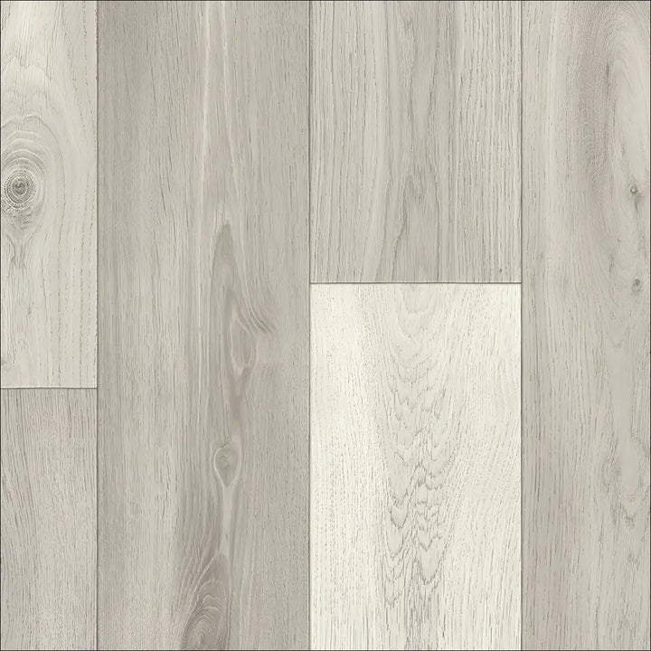 Gray wood-look caspien sheet vinyl flooring with felt backed texture and realistic wood grain in light gray tones