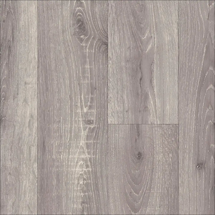 Gray caspien sheet vinyl flooring with realistic wood grain and subtle knots felt backed for easy installation