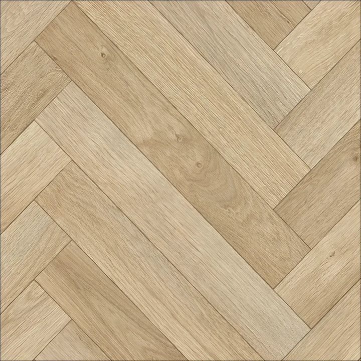 Light oak caspien sheet vinyl flooring with realistic wood herringbone pattern and felt backed for easy installation