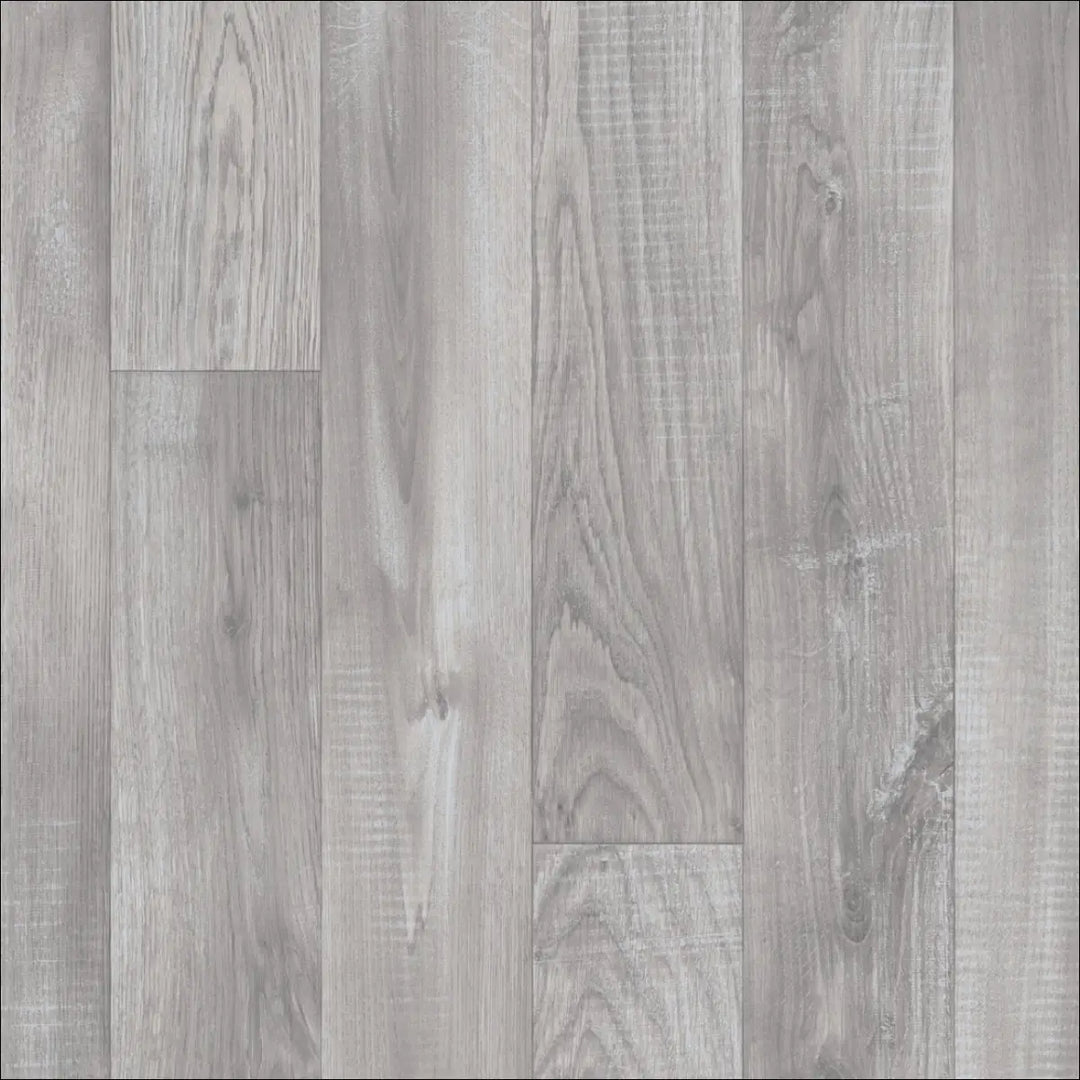 Gray wood-plank laminate look caspien sheet vinyl flooring with realistic wood grain and felt backed for easy install