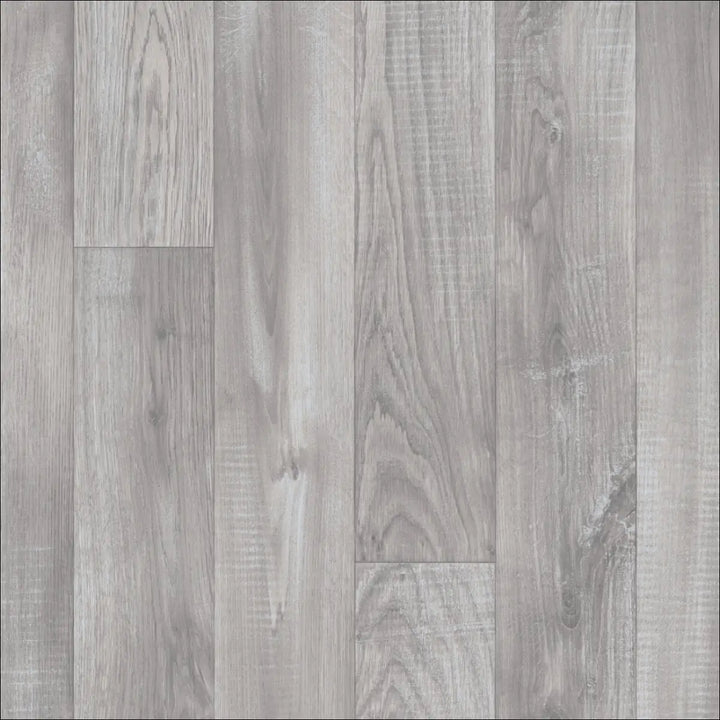 Gray wood-plank laminate look caspien sheet vinyl flooring with realistic wood grain and felt backed for easy install