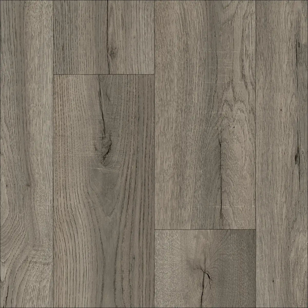 Gray wood-plank caspien sheet vinyl flooring with realistic wood grain and felt backed for easy installation