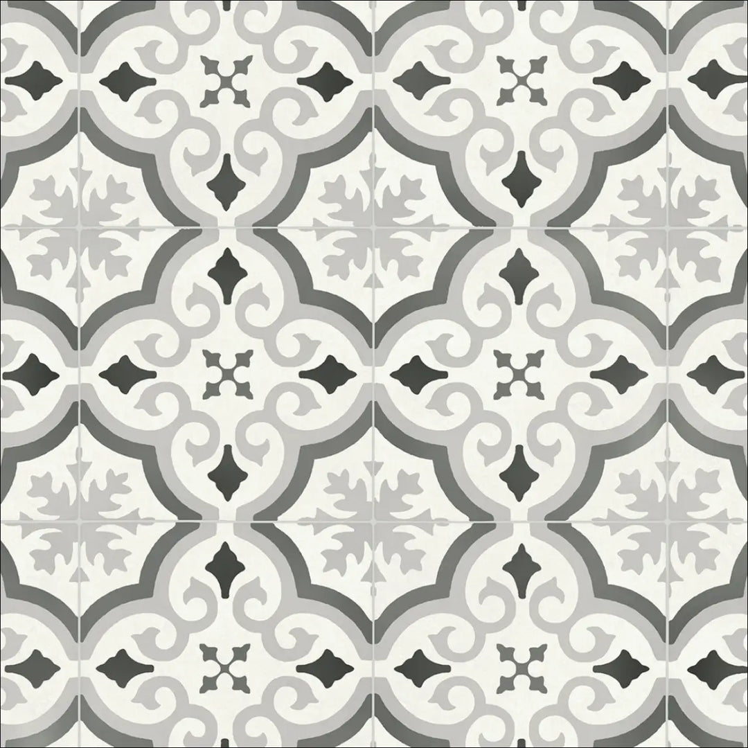 Gray and black ornate patterned caspien sheet vinyl flooring with vintage design and felt backed for easy installation