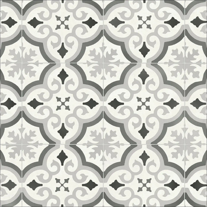 Gray and black ornate patterned caspien sheet vinyl flooring with vintage design and felt backed for easy installation