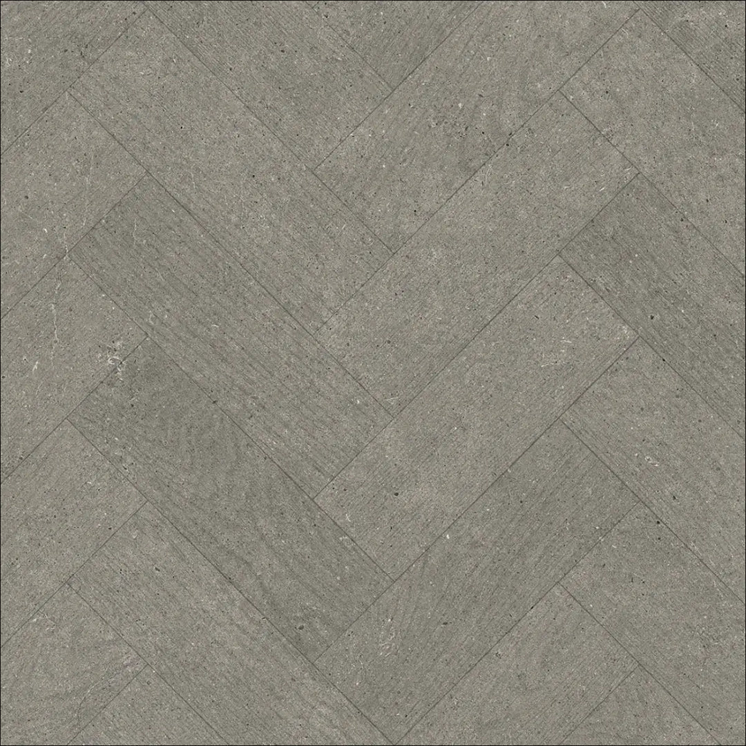 Gray stone effect caspien sheet vinyl flooring with felt backed realistic wood look arranged in herringbone pattern