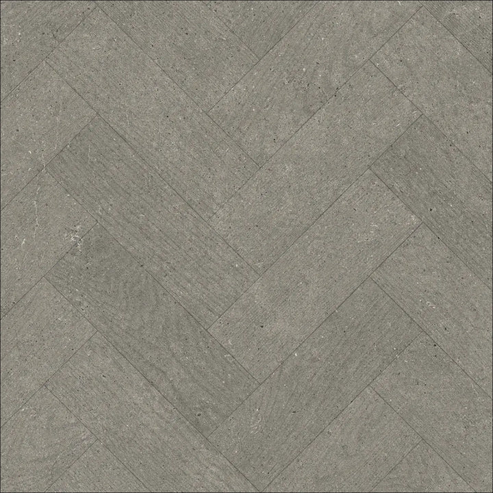 Gray stone effect caspien sheet vinyl flooring with felt backed realistic wood look arranged in herringbone pattern