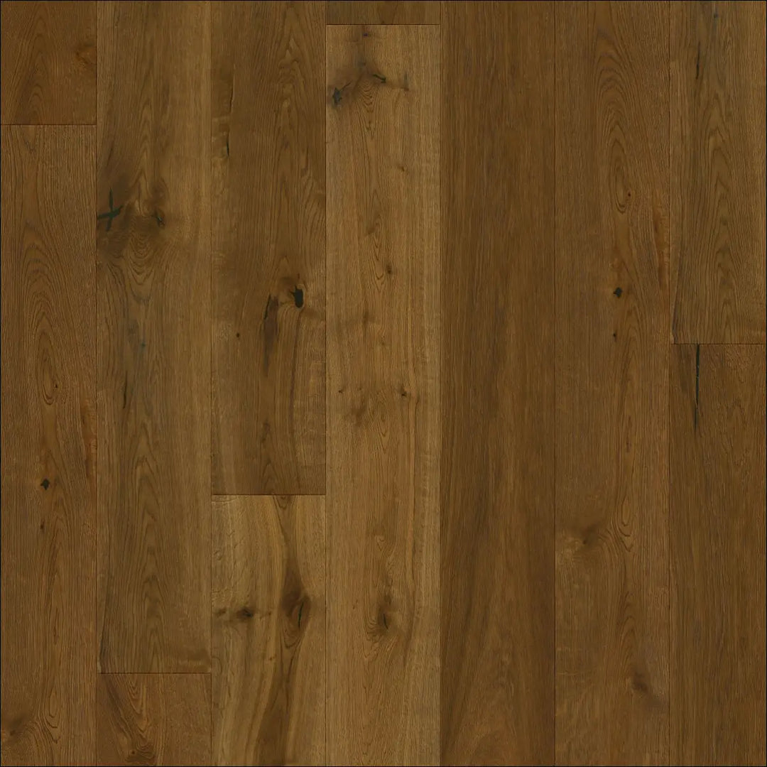 Warm brown elka clyde oak waterproof engineered wood flooring with deep-brushed texture and natural wood grain knots