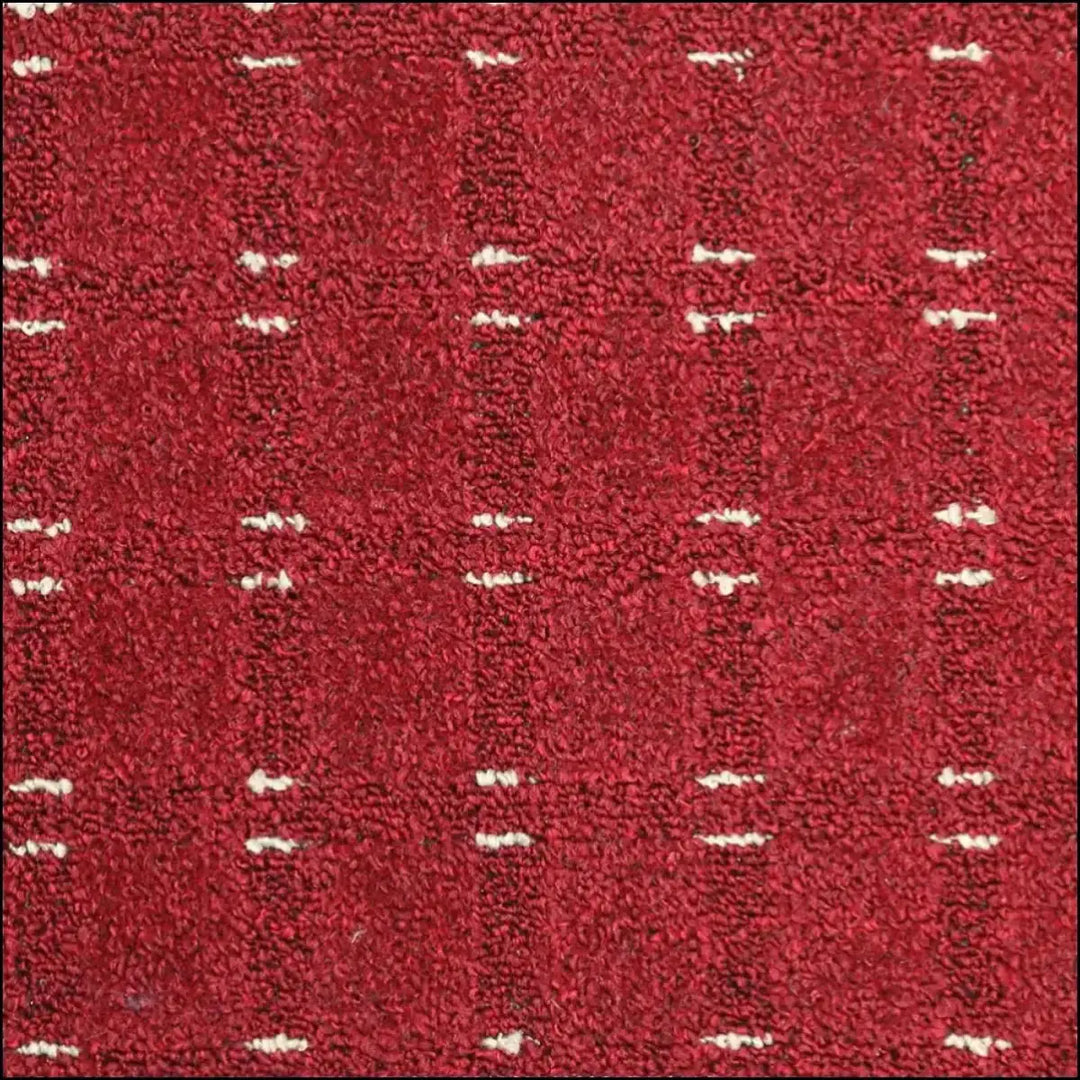 Red impala loop carpet with white dashed vertical stripes and 5mm pile height ideal for home use