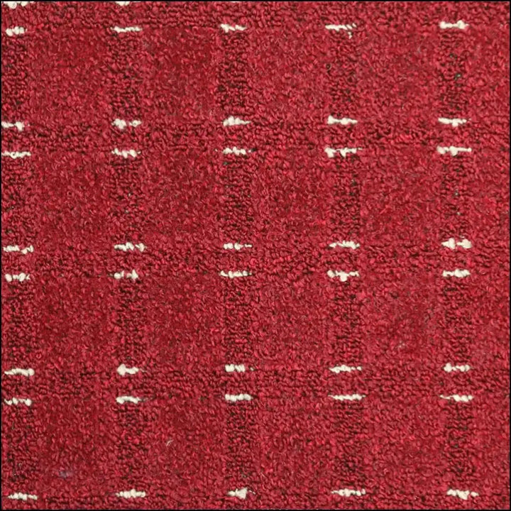 Red impala loop carpet with white dashed vertical stripes and 5mm pile height ideal for home use