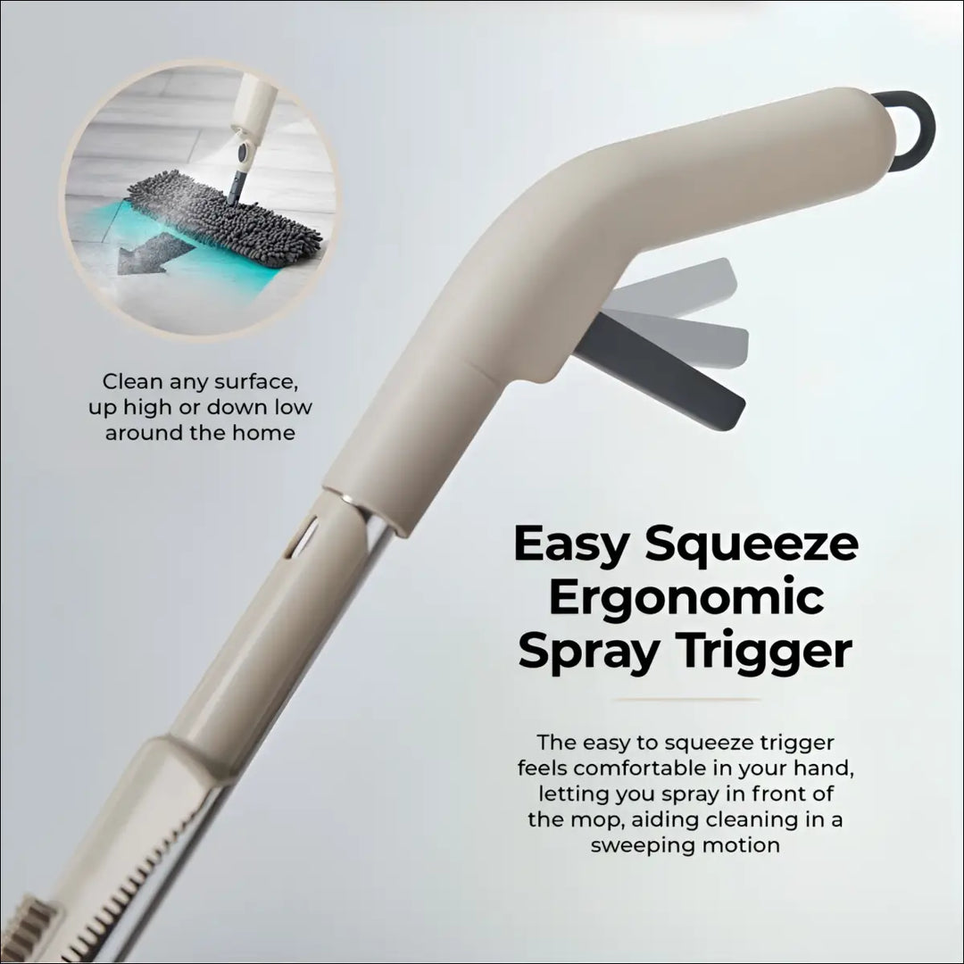 Beige multi-surface spray mop with ergonomic curved handle black trigger and swivel head for easy cleaning