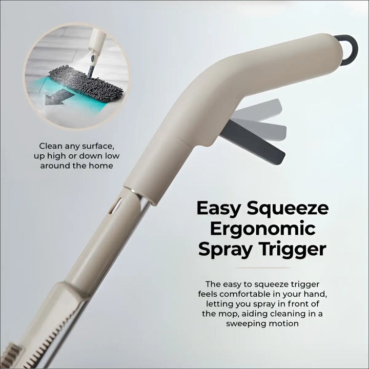 Beige multi-surface spray mop with ergonomic curved handle black trigger and swivel head for easy cleaning