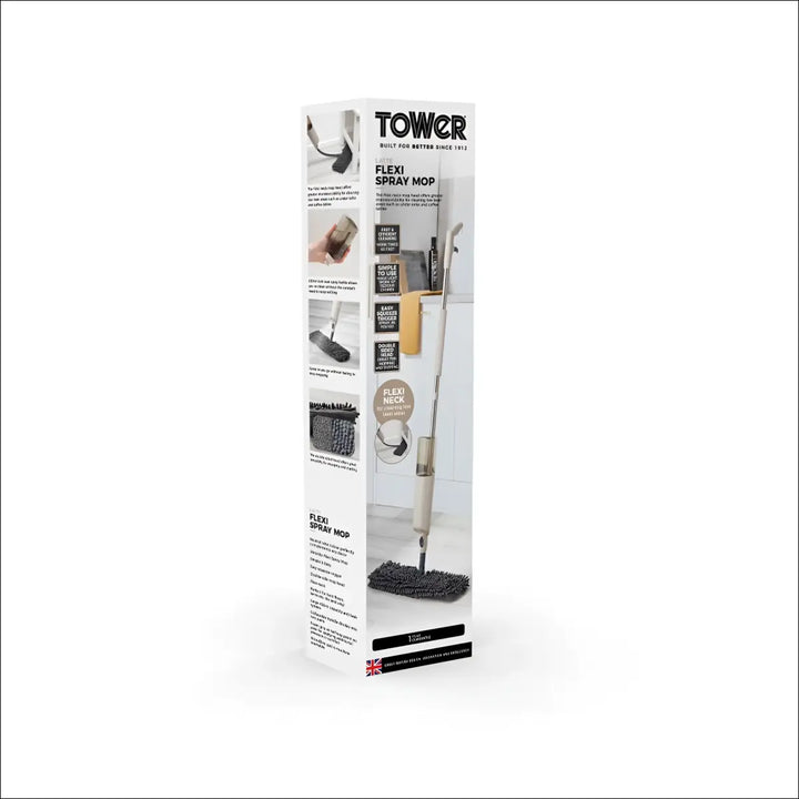 Tower flexi multi-surface spray mop in white and silver with swivel head and black microfibre pad for easy cleaning