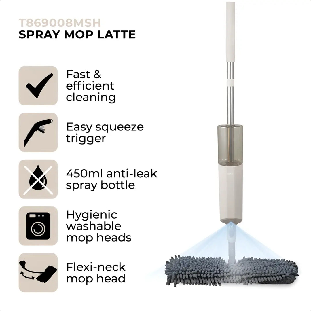 White and silver multi-surface spray mop with swivel head, flexible neck, 450ml anti-leak bottle, and gray microfibre pad