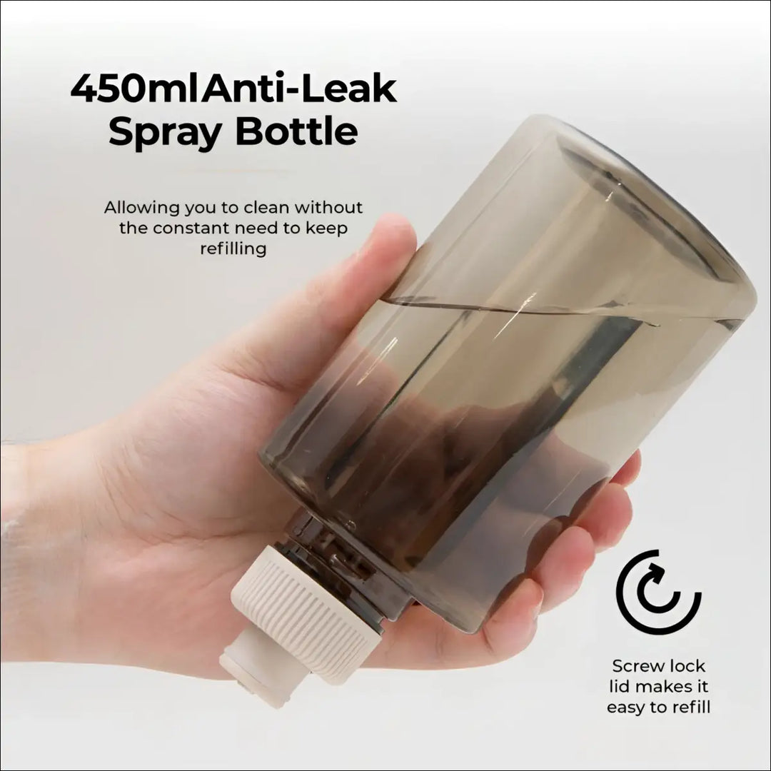 Translucent gray 450ml anti-leak spray bottle with white screw lock lid for multi-surface spray mop with swivel head