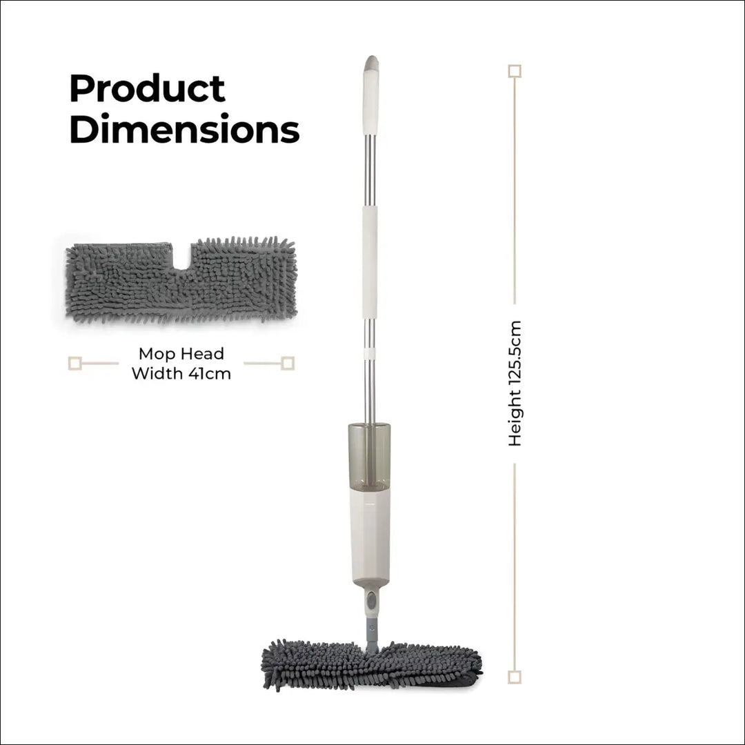 Gray microfiber pad multi-surface spray mop with white handle transparent water reservoir and swivel head