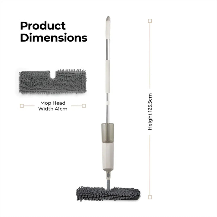 Gray microfiber pad multi-surface spray mop with white handle transparent water reservoir and swivel head