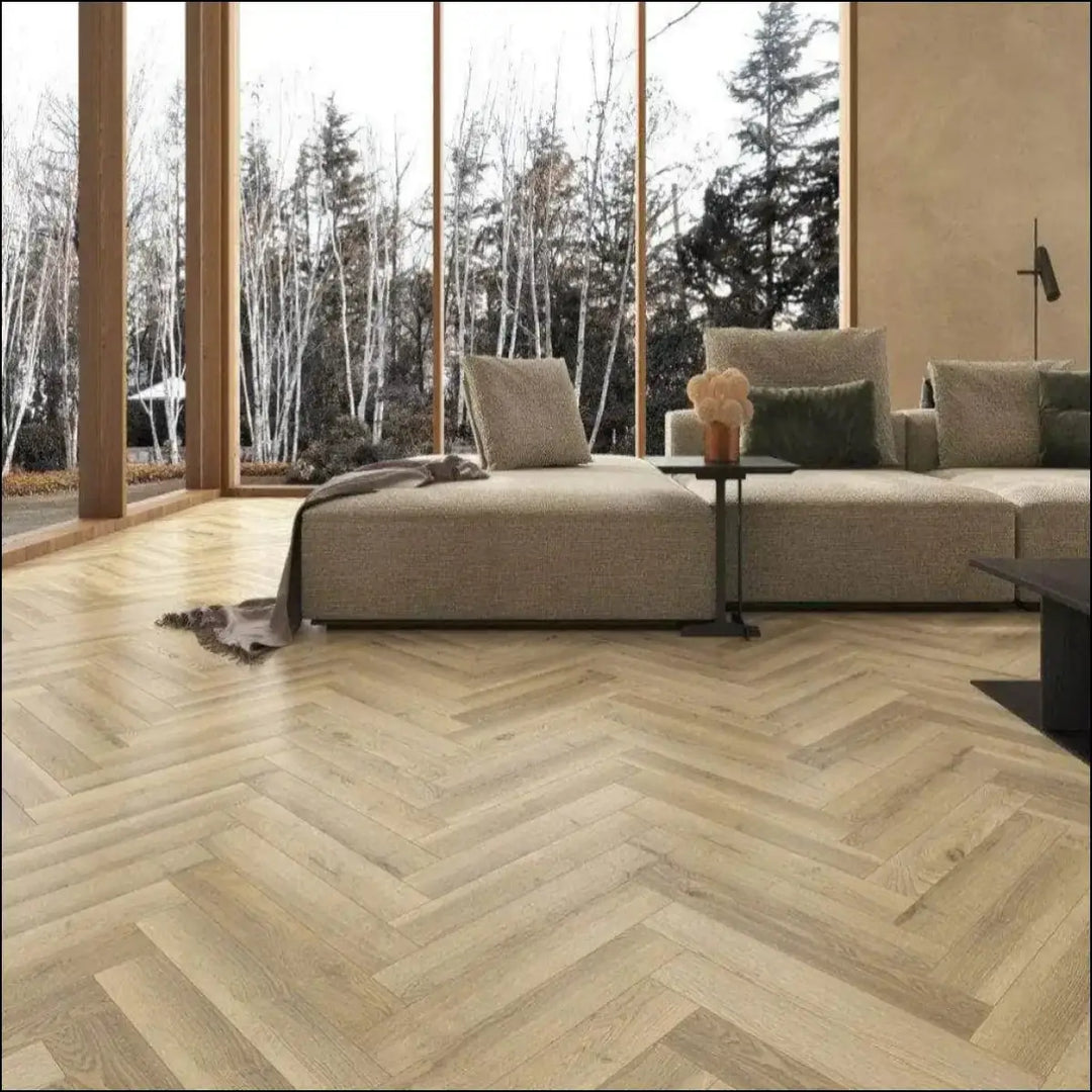 Premium 12mm herringbone laminate grey oyster