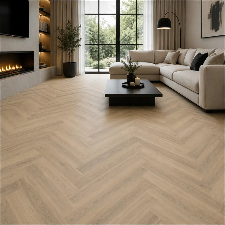 Premium 12mm Herringbone Laminate Grey Oyster Interior Living Room Shot