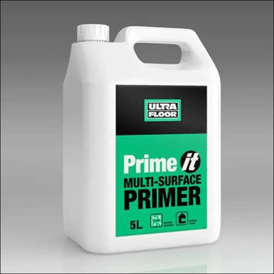White plastic jug with handle and white cap labeled ultra floor prime multi-surface primer moisture tolerant 5l