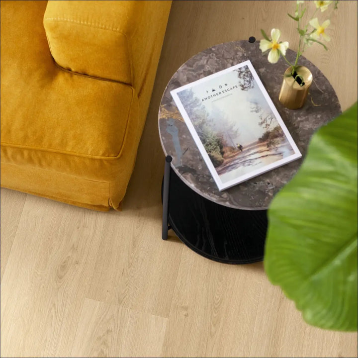 Quick Step Bloom Vinyl Botanic Beige Luxury Vinyl Flooring AVMPU40236 Close Up with Mustard Sofa