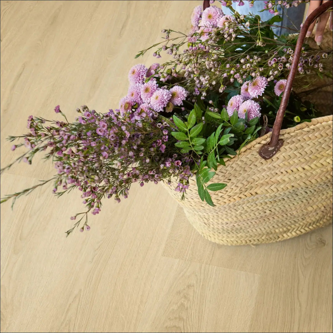 Quick Step Bloom Vinyl Botanic Beige Luxury Vinyl Flooring AVMPU40236 Close up with basket of flowers