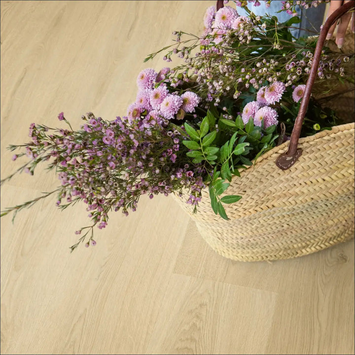 Quick Step Bloom Vinyl Botanic Beige Luxury Vinyl Flooring AVMPU40236 Close up with basket of flowers