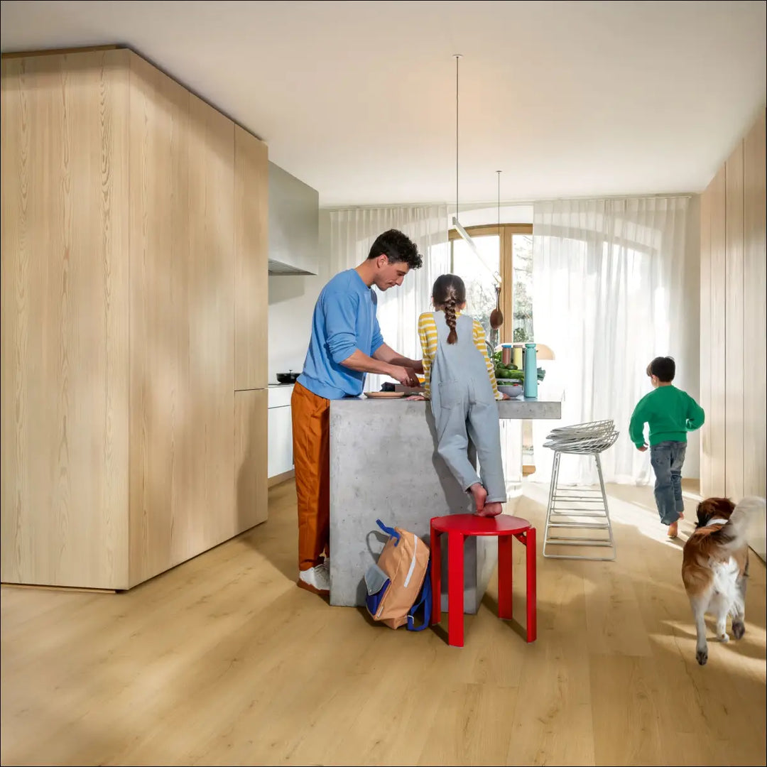Quick Step Bloom Brushed Oak Honey Luxury Vinyl Flooring AVMPU40318 Family in Kitchen