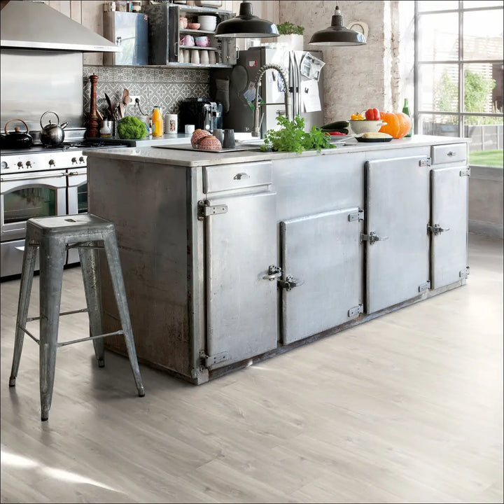 Quick Step Blos Canyon Oak Grey with Saw Cuts Alpha Luxury Vinyl Flooring | AVSPU40030 Kitchen with Industrial Island