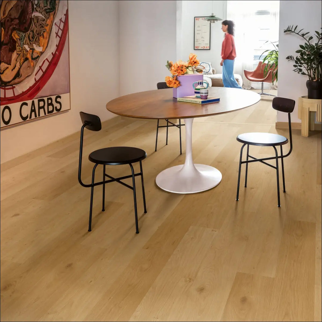 Quick Step Blos Coast Oak Honey Waterproof Luxury Vinyl Flooring | AVSPU40320 Dining Area