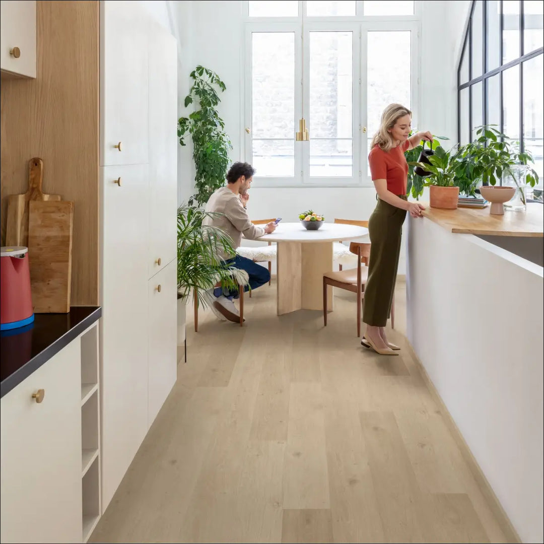 Quick Step Blos Coast Oak Sand Waterproof Luxury Vinyl Flooring | AVSPU40322 Kitchen With Family