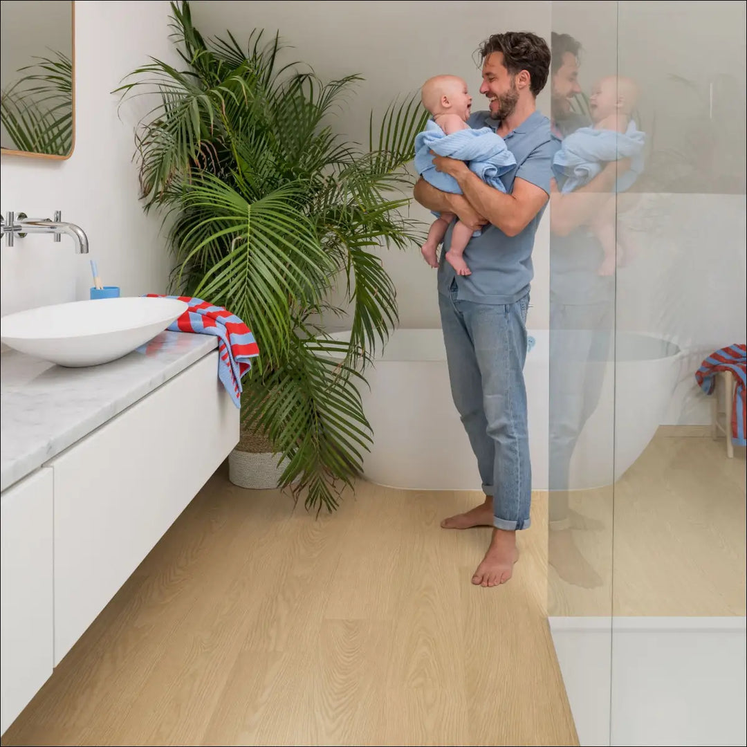Quick Step Blos Gingerbread Oak Light Brown Waterproof Luxury Vinyl Flooring | AVSPU40278 Bathroom