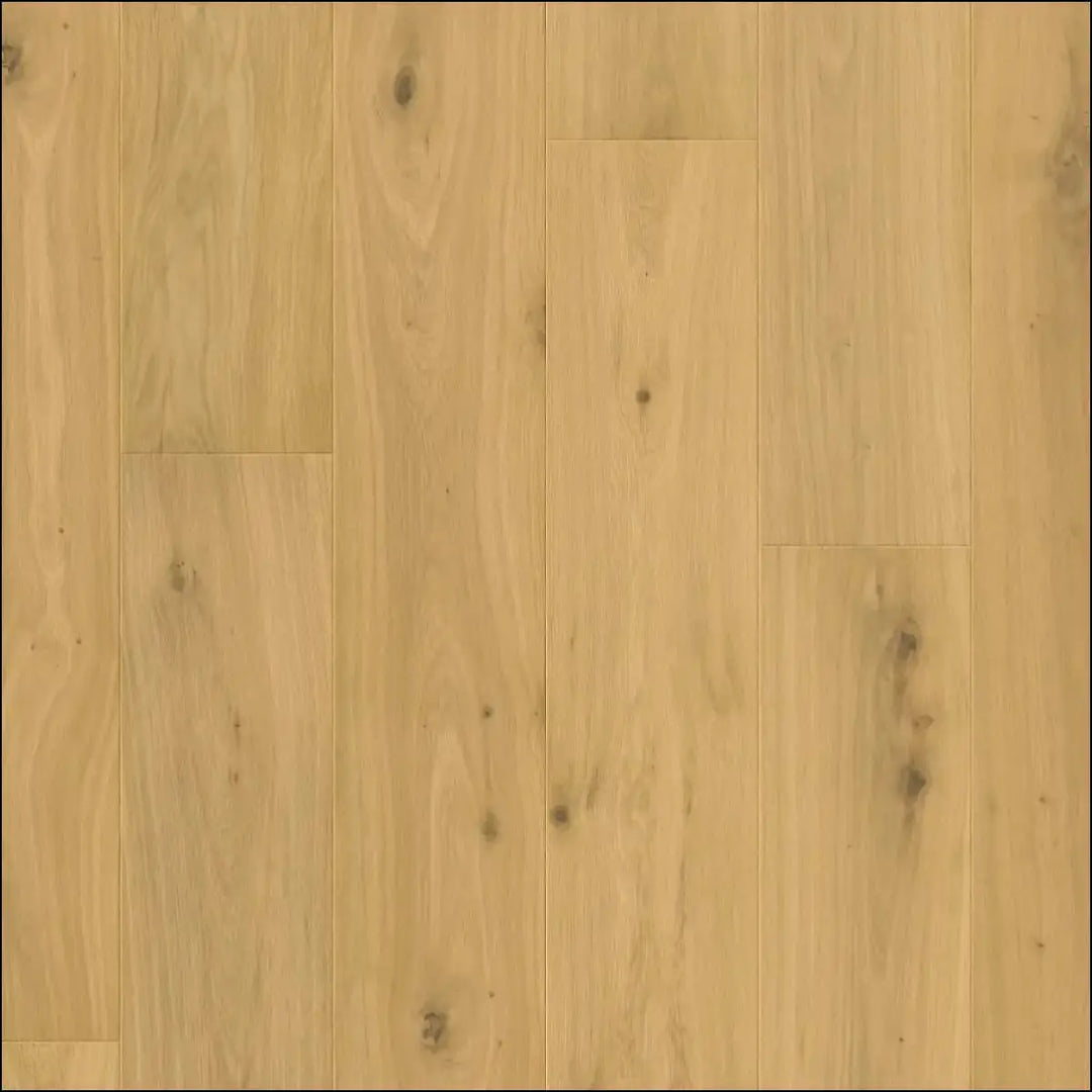 Light oak hardwood flooring with natural grain and subtle knots in quick-step cala pure oak extra matt cal5611