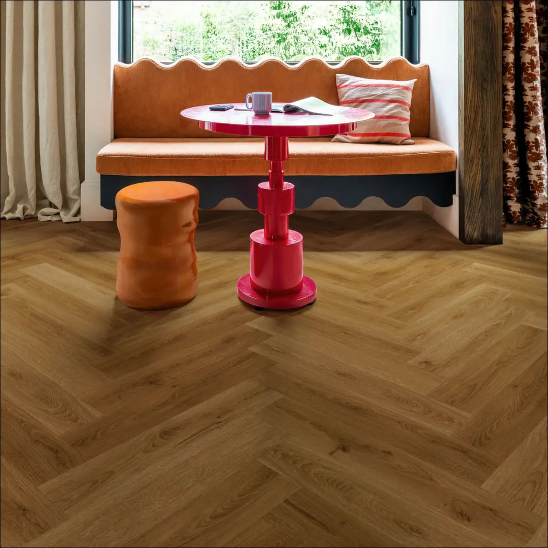 Quick Step Ciro Botanic Caramel Oak Herringbone Flooring AVHBU40364 Living Room Close Up