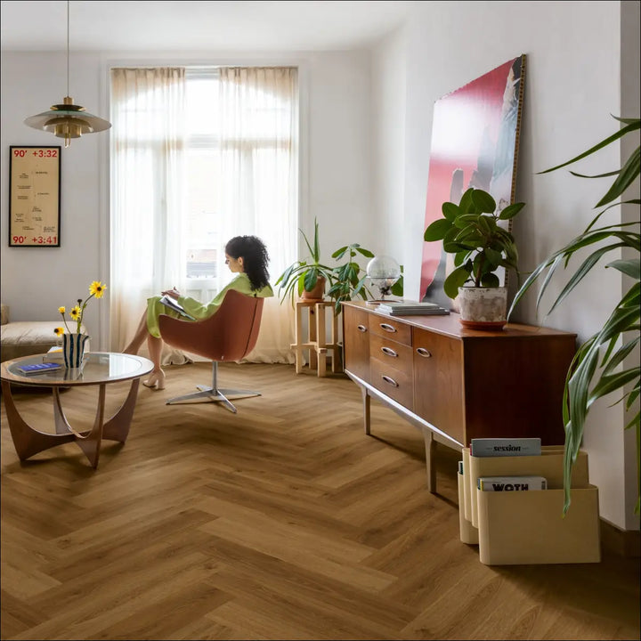 Quick Step Ciro Botanic Caramel Oak Herringbone Flooring AVHBU40364 Living Room Shot