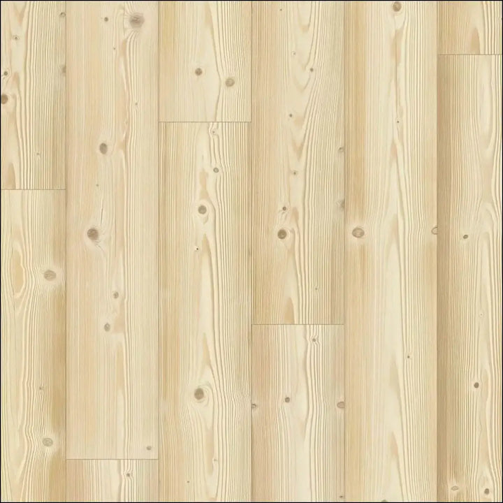 Light-colored wooden floor planks with natural grain and knots in quick step impressive laminate natural pine